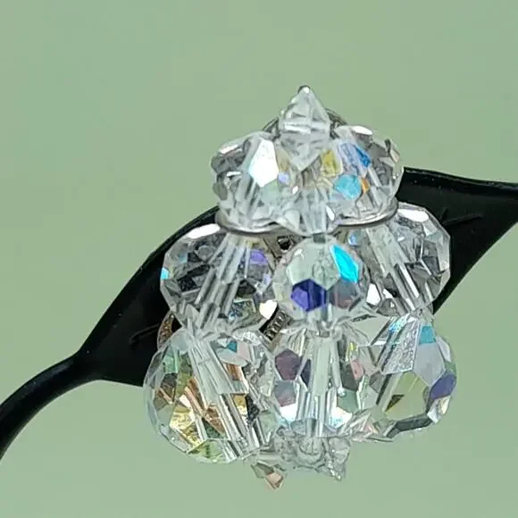 Vintage Aurora Borealis Bead Clip Earrings, 1 1/8 Inch, 1950s - Picture 6 of 10